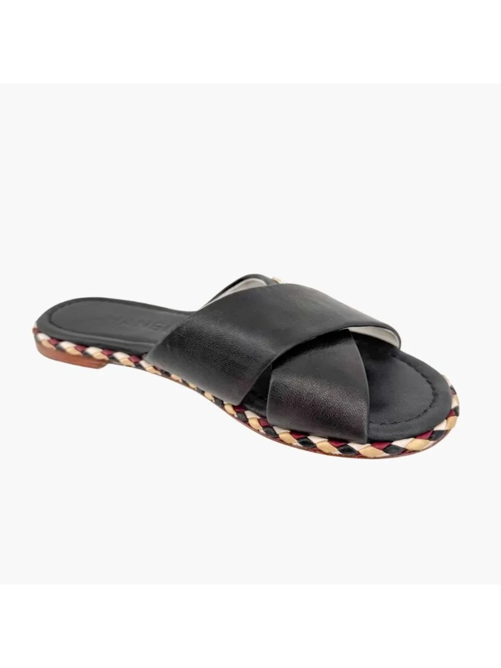 Chanel CC Braided Slide Sandals Black Leather Size 39C US 8-8.5 Wide Flat Mule